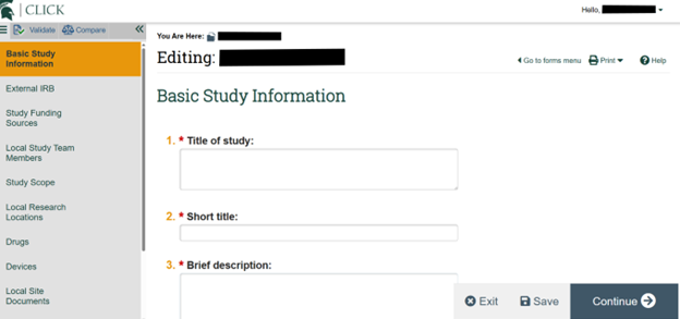 Screenshot of IRB application navigation menu